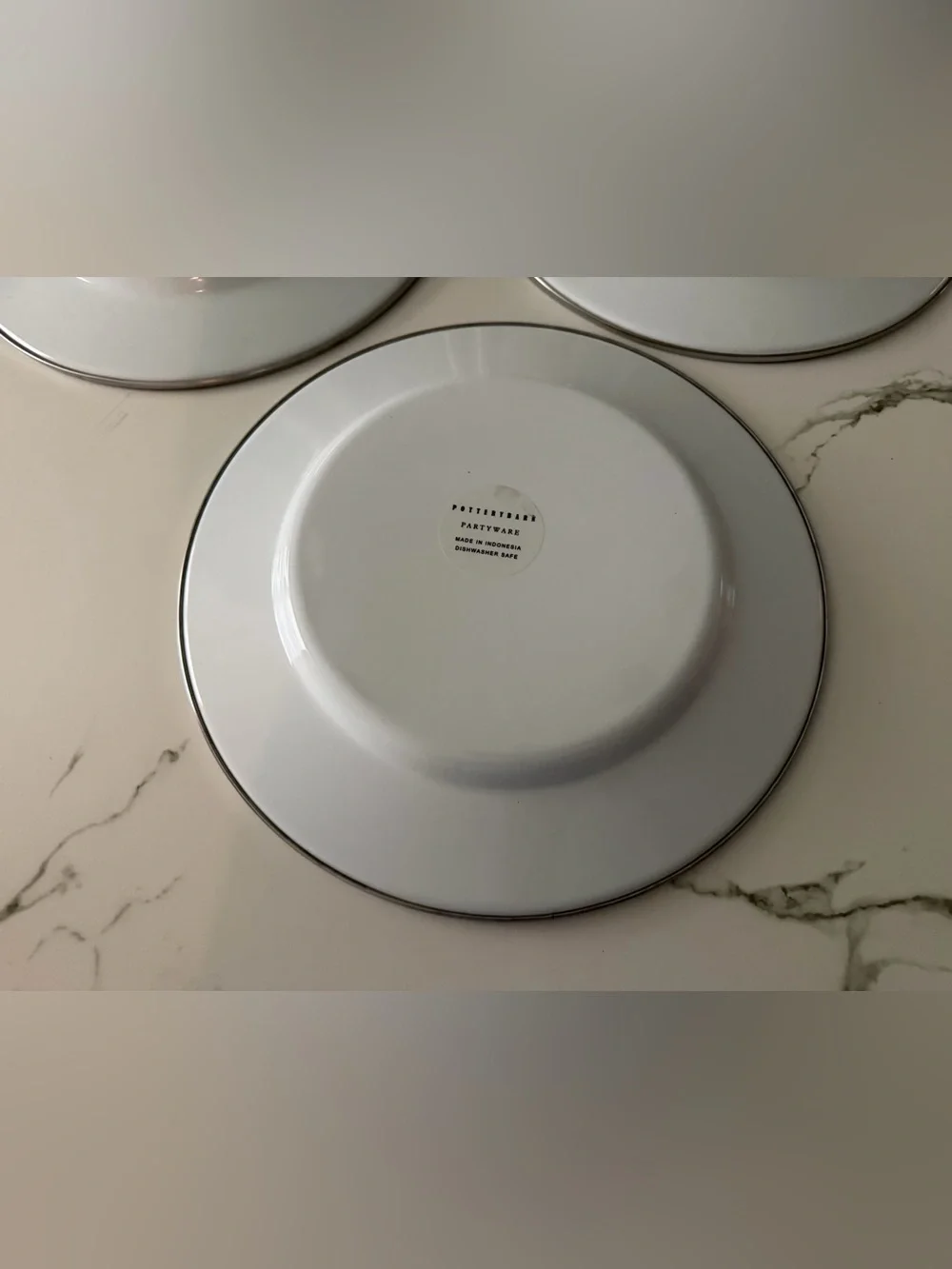Pottery Barn White  Enamel 12” buffet dinner plate w/Silver Rim - Set of 3